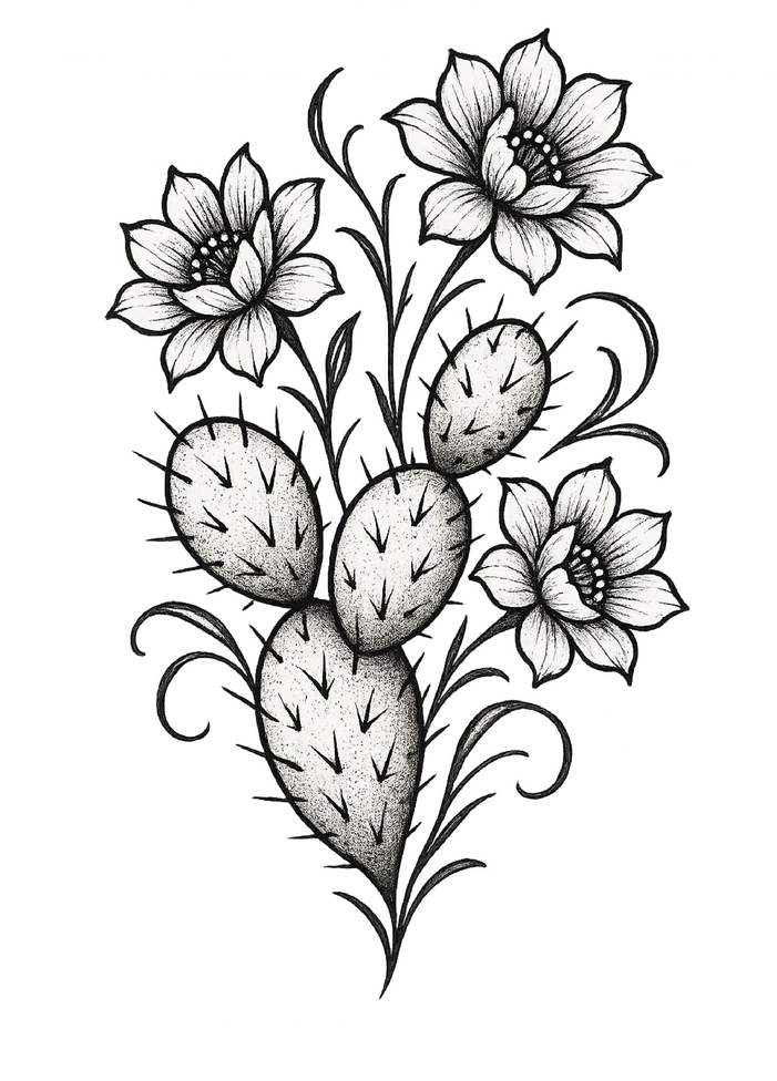 Tattoovorlage Kaktus mit blühenden Blumen Schwarz-Weiß