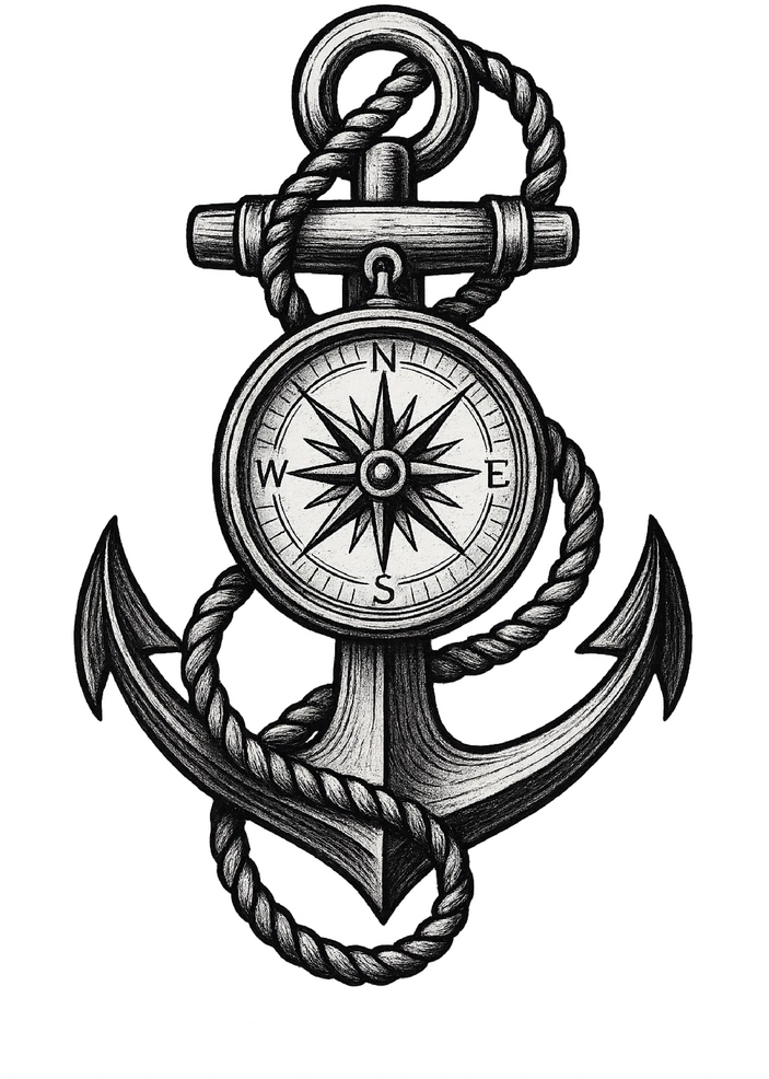 Tattoovorlage klassisches Ankerdesign mit Kompass und Seil