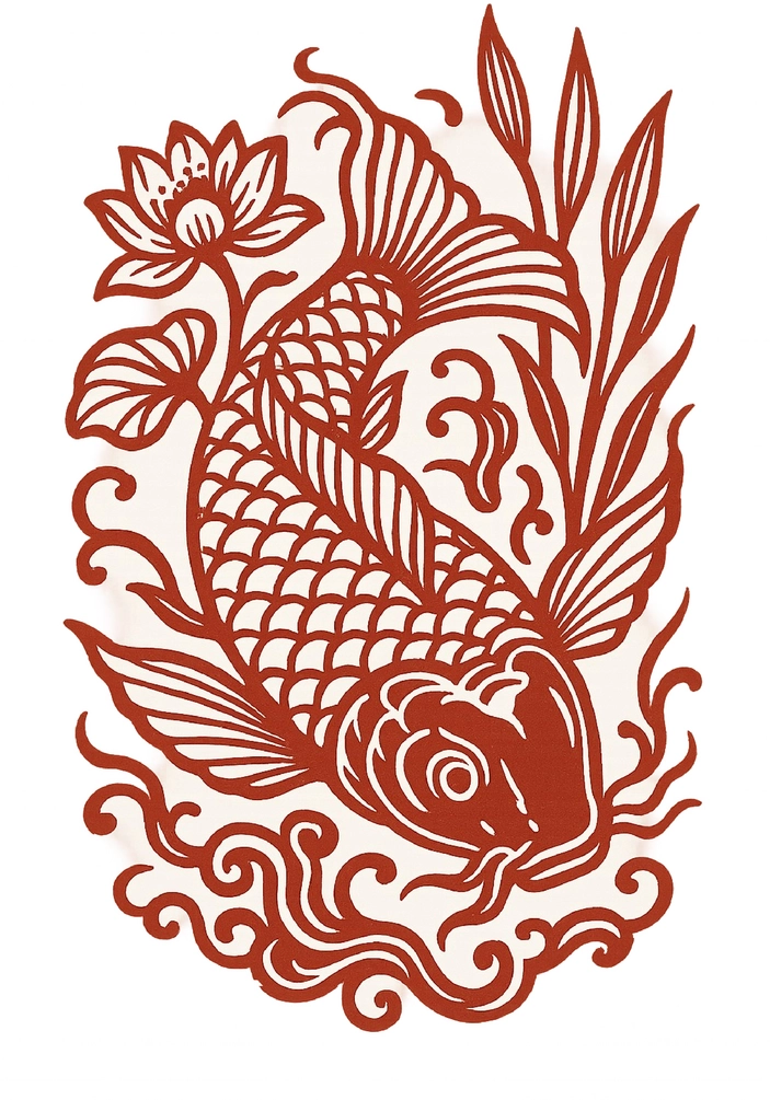 Tattoovorlage Koi-Fisch mit Lotusblume und Wasserpflanzen