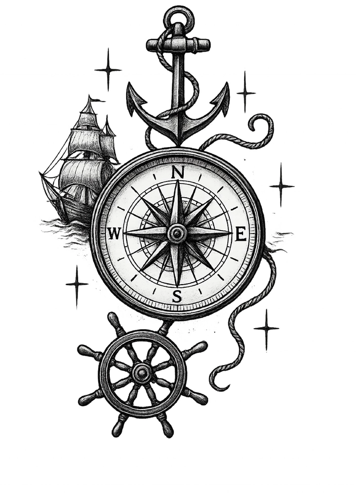 Tattoovorlage Kompass und Anker mit Segelschiff