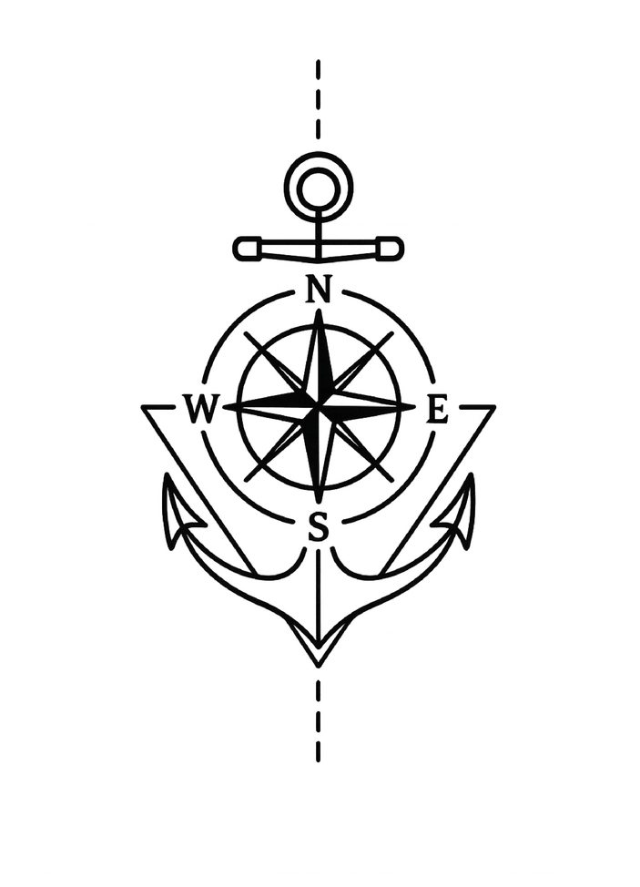 Tattoovorlage Kompass mit Anker in minimalistischer Gestaltung