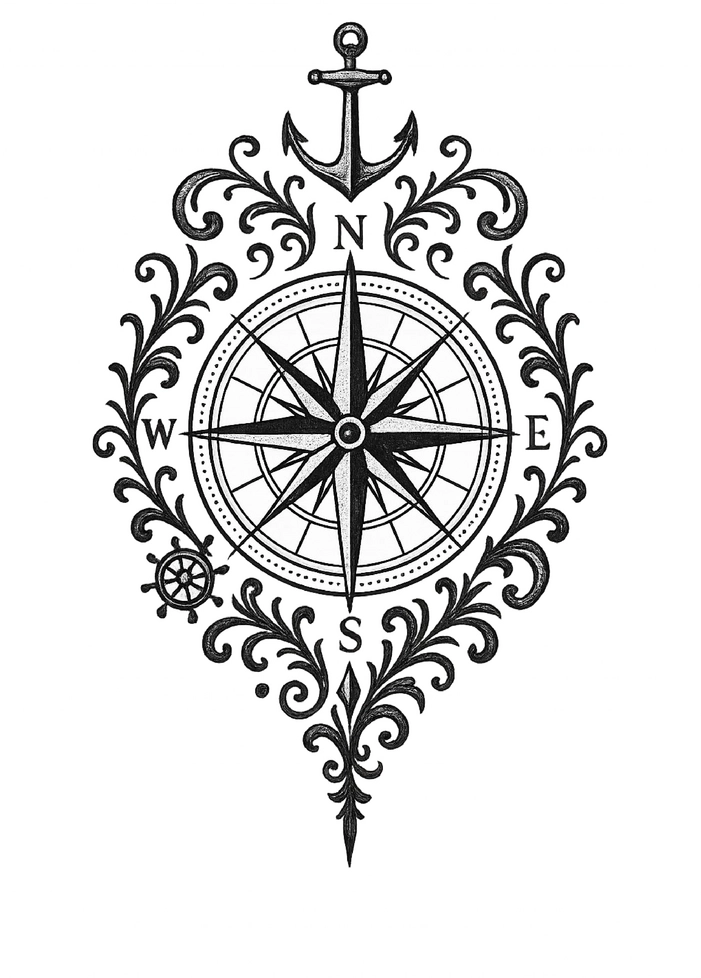 Tattoovorlage Kompass mit Anker und Ornamenten