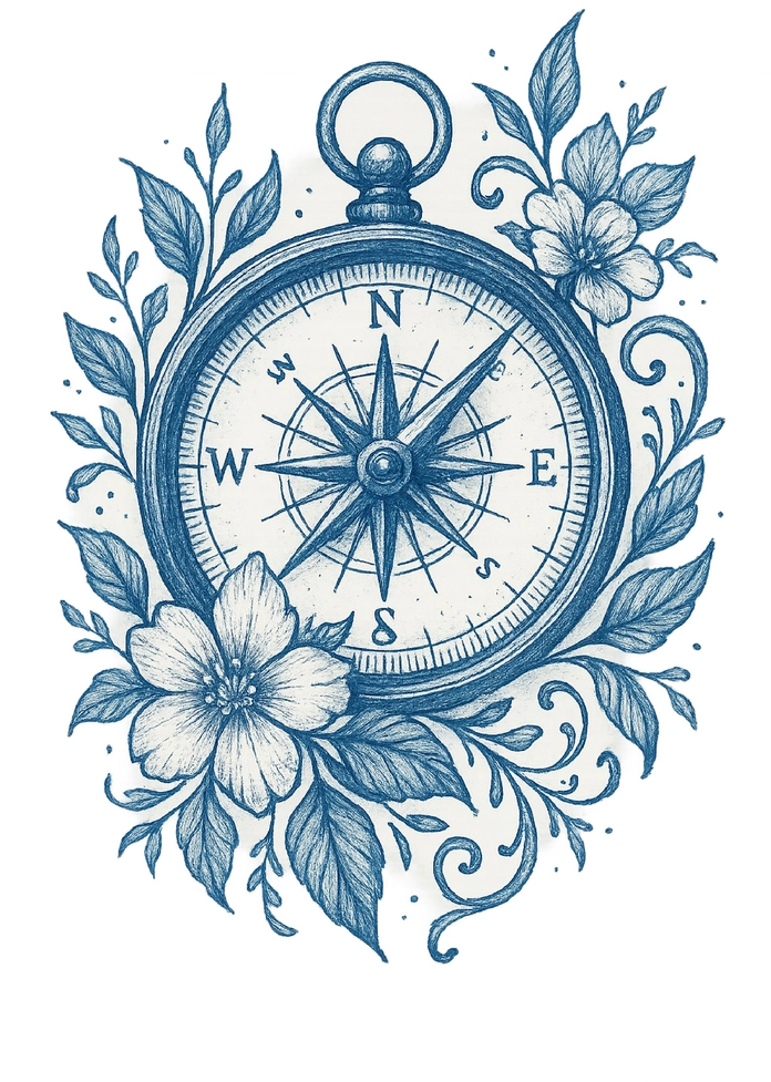 Tattoovorlage Kompass mit floralen Elementen