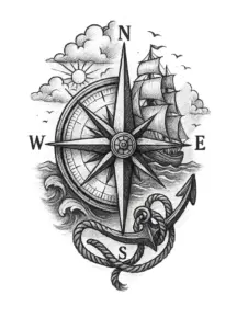 tattoovorlage-kompass-mit-nautischen-elementen-wade-unterschenkel