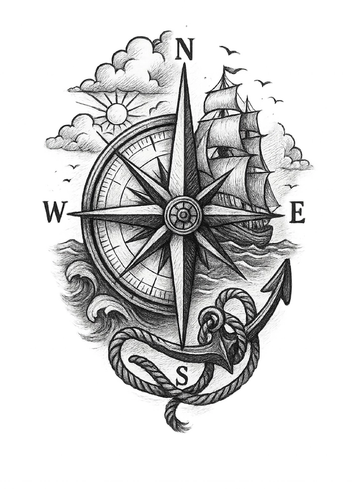 Tattoovorlage mit Kompass und nautischen Elementen für Wade