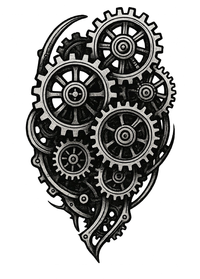 Tattoovorlage mit komplexen Zahnrädern und Mechanismen