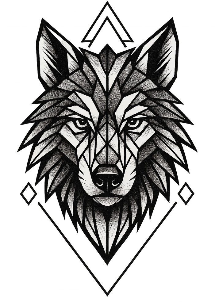 Tattoovorlage kraftvolles Wolfsgesicht im geometrischen Stil