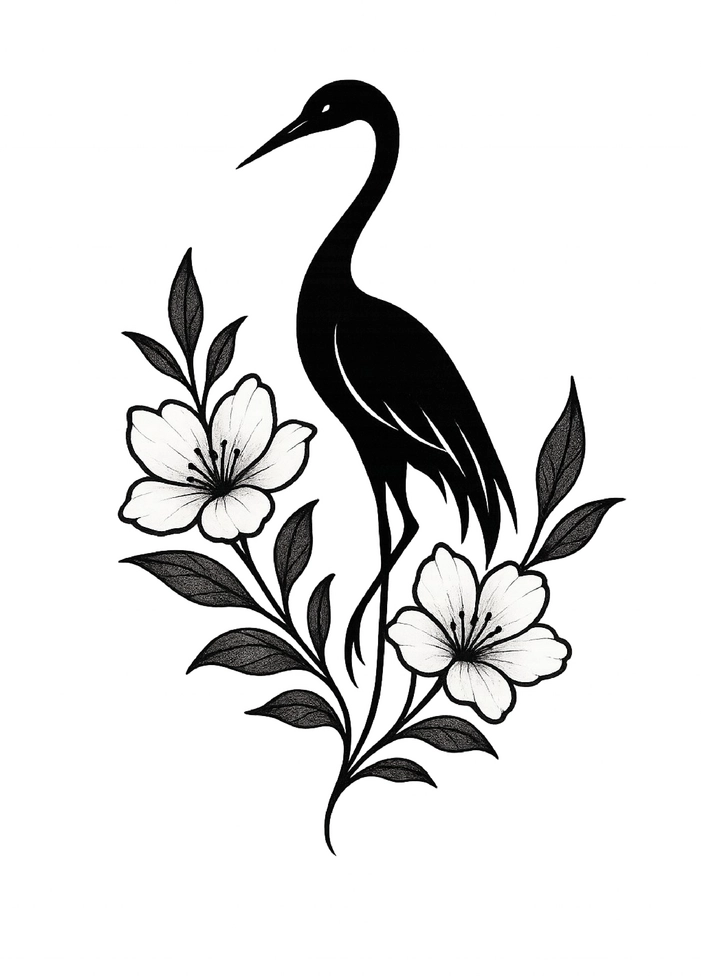 Tattoovorlage Kranich mit Blumen-Silhouette