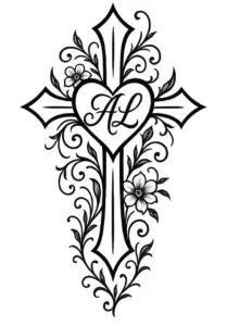 tattoovorlage-kreuz-mit-herz-und-floralen-elementen