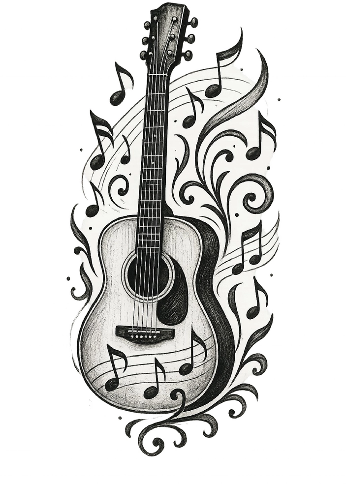 Tattoovorlage: Kunstvolle Gitarre mit Noten und schwungvollen Linien