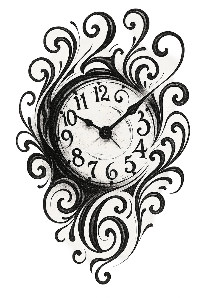 Tattoovorlage mit künstlerischer Uhr und Ornamenten für Oberschenkel