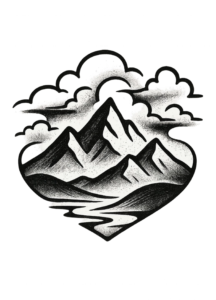 Tattoovorlage Landschaft mit Bergen und Wolken für Männer