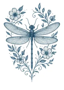 tattoovorlage-libelle-mit-floralen-akzenten