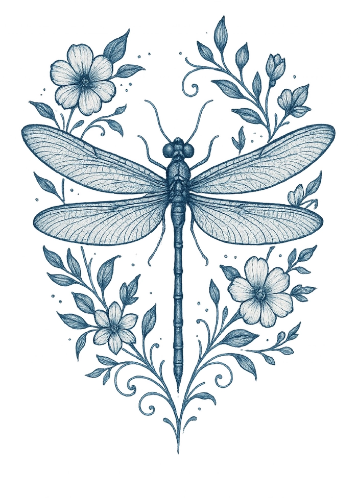 Tattoovorlage Libelle mit floralen Akzenten für Frauen