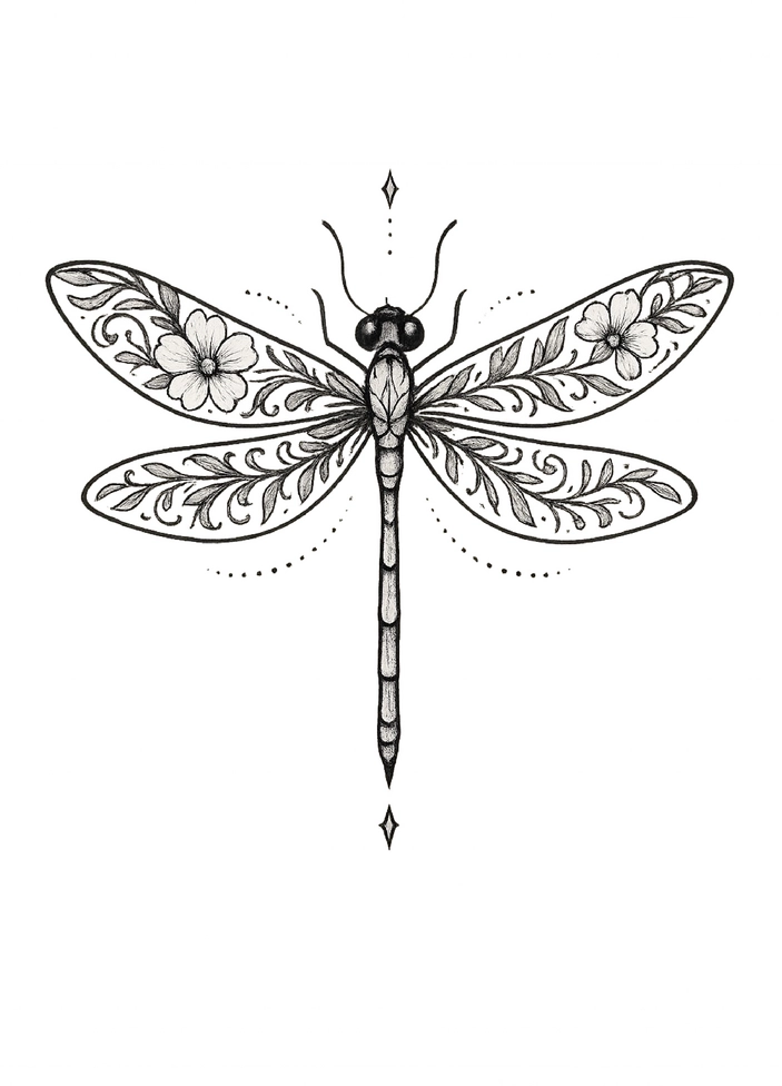 Tattoovorlage Libelle mit floralen Mustern und feinen Linien