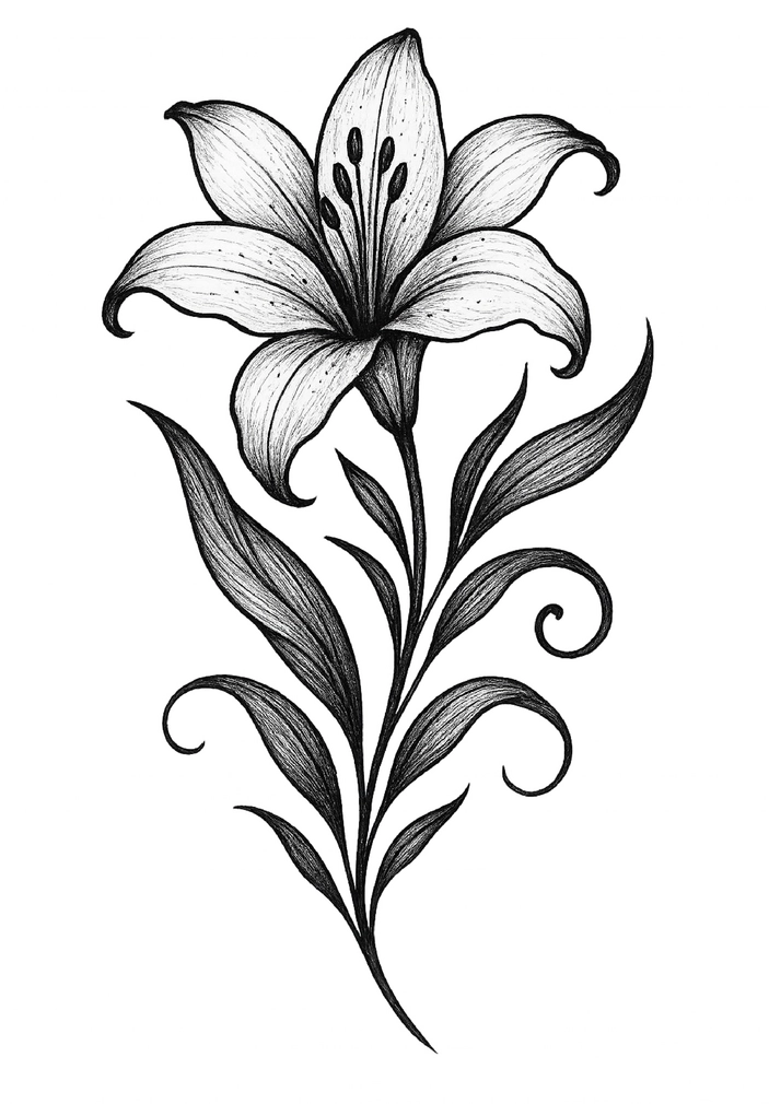 Tattoovorlage Lilie mit geschwungenen Blättern und Details