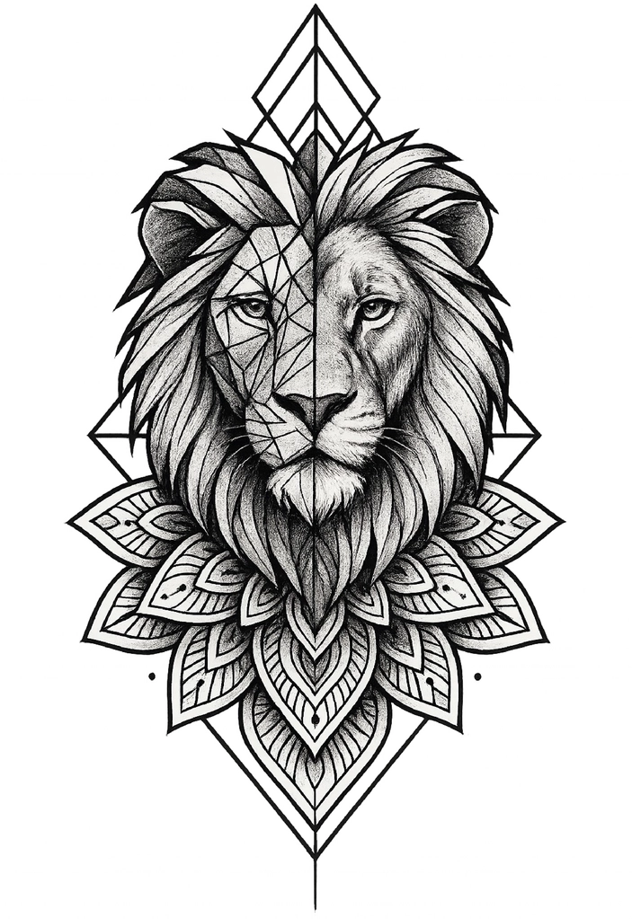 Tattoovorlage Löwe mit geometrischen und Mandala-Elementen