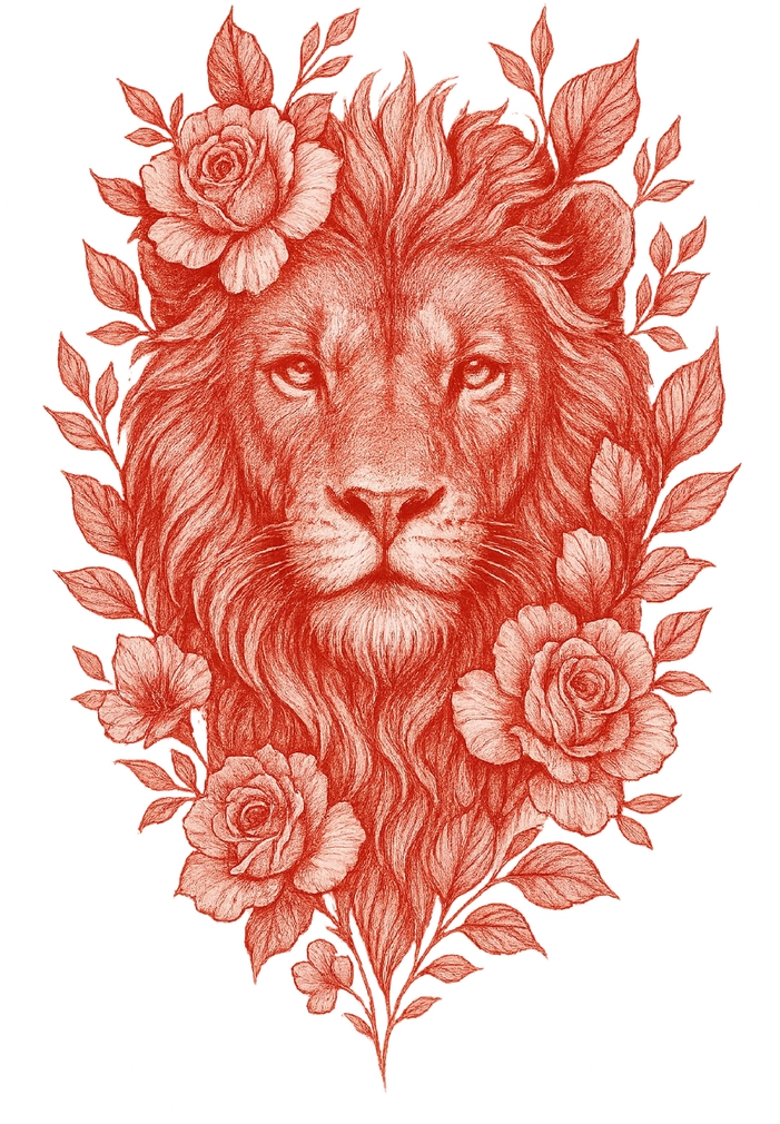 Tattoovorlage Löwenportrait mit Rosen und Blättern