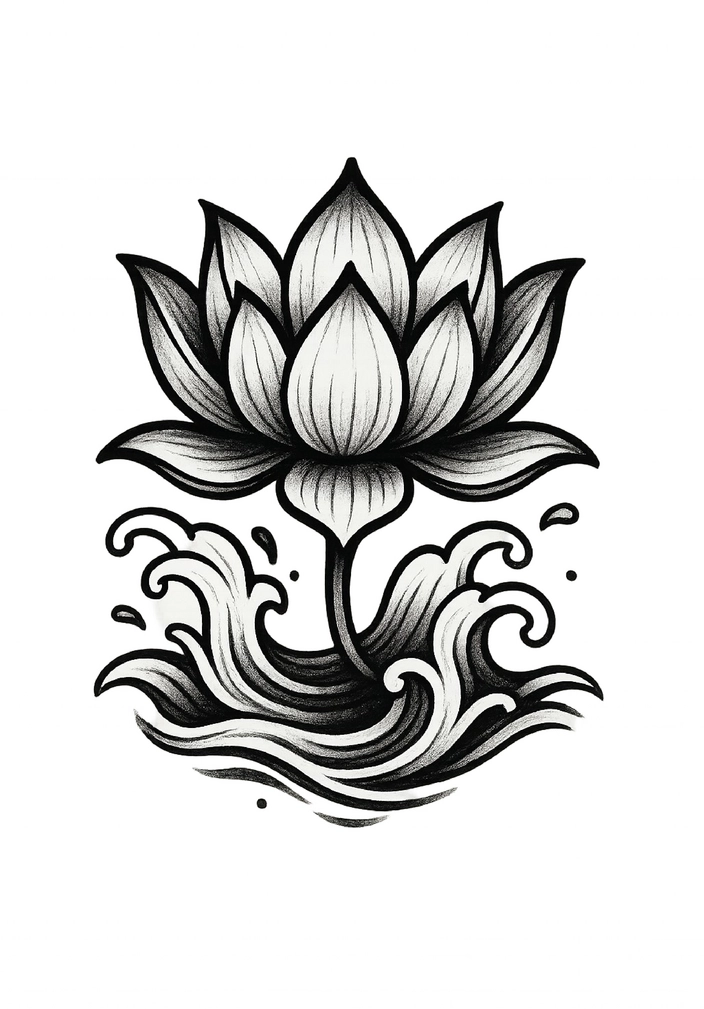 Tattoovorlage Lotusblume mit Wasser und Wellen