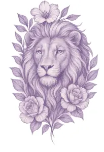 tattoovorlage-majestaetischer-loewe-umgeben-von-blumen