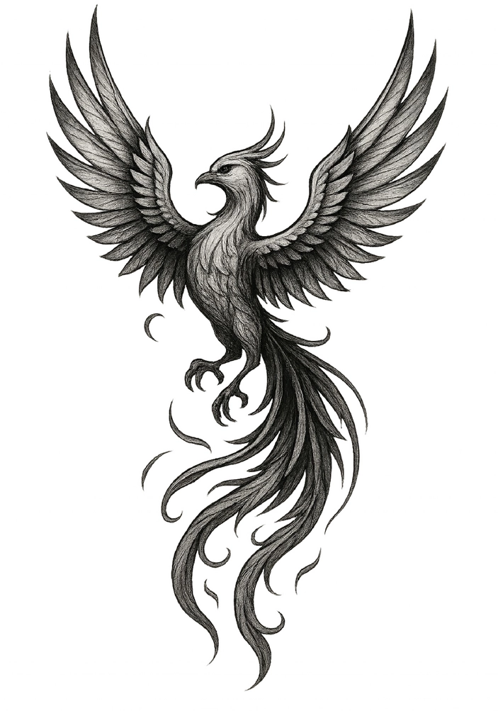 Tattoovorlage majestätischer Phoenix schwarzes Weiß Oberarm