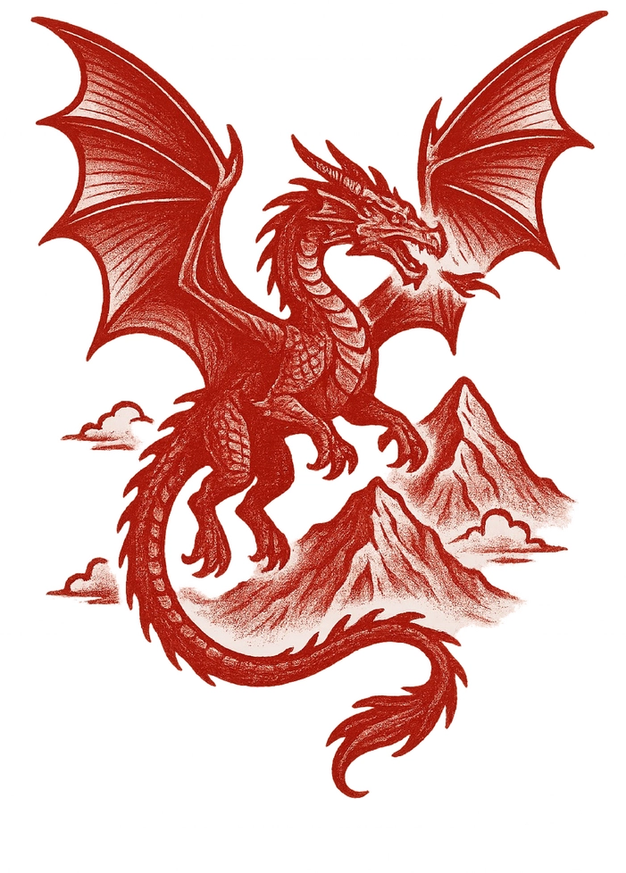 Tattoovorlage majestätischer Drache fliegende Berge