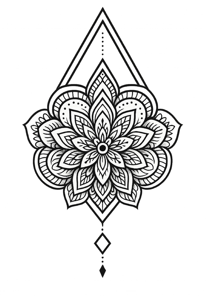 Tattoovorlage Mandala mit geometrischen Formen in Schwarz-Weiß