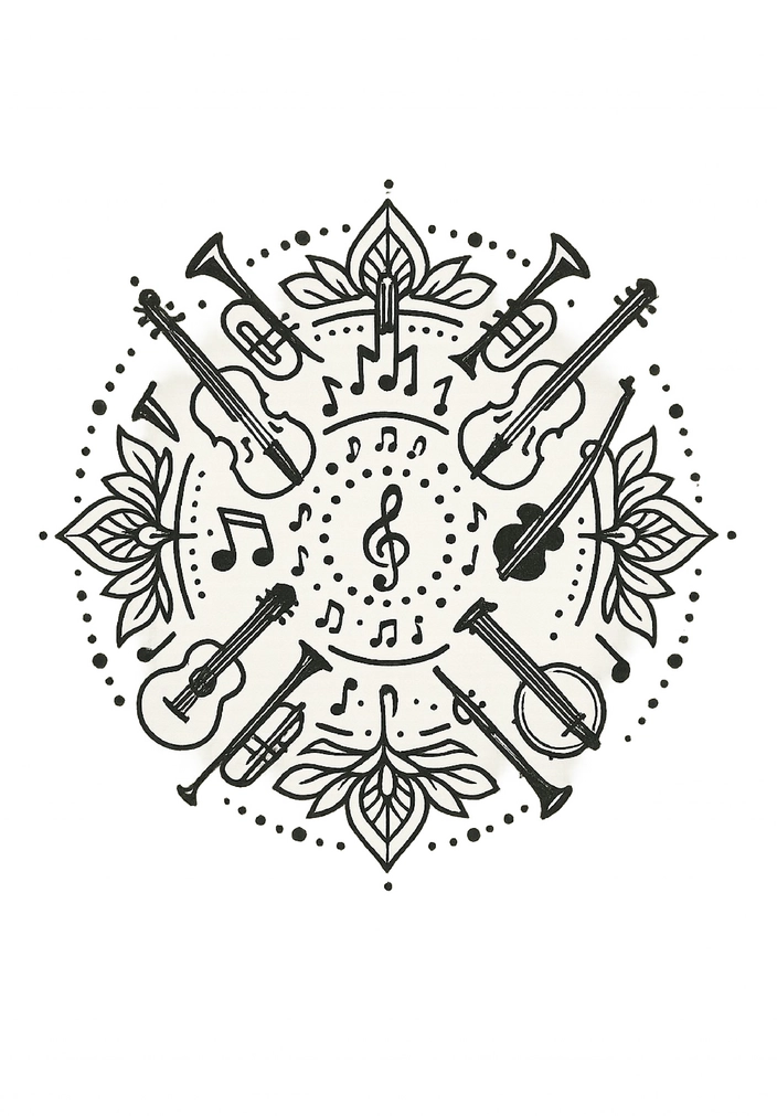 Tattoovorlage Mandala inspiriert von Musikinstrumenten und Musik
