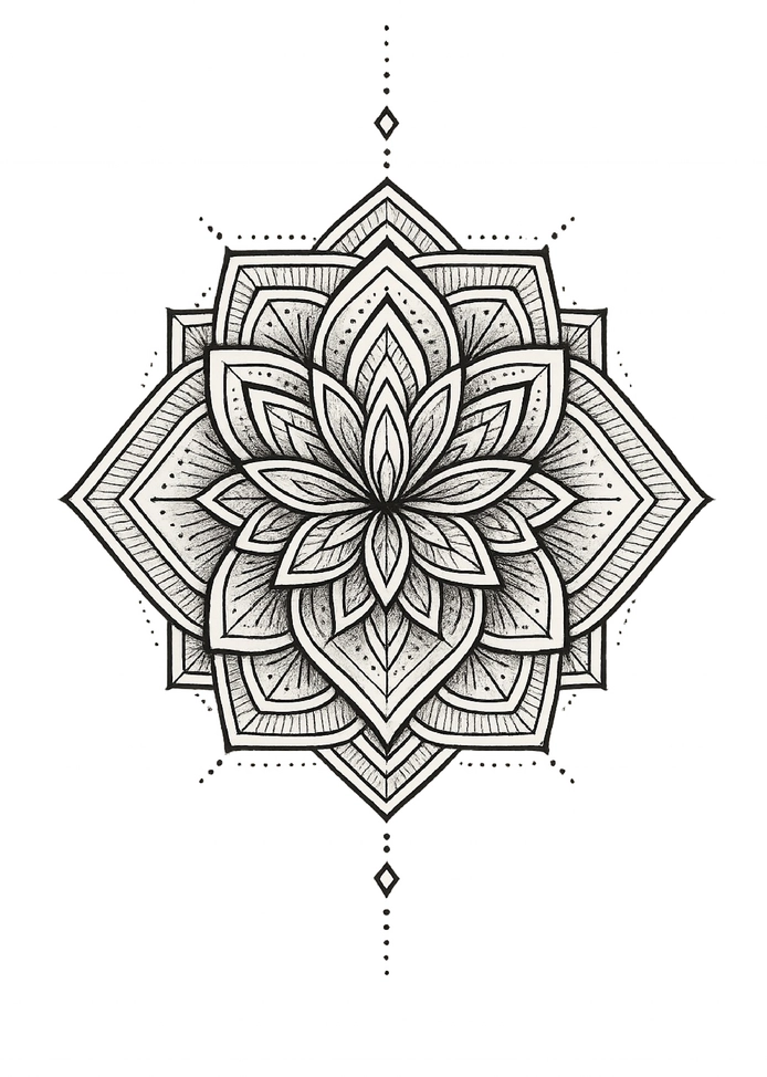 Tattoovorlage Mandala Lotusblume mit feinen Linien