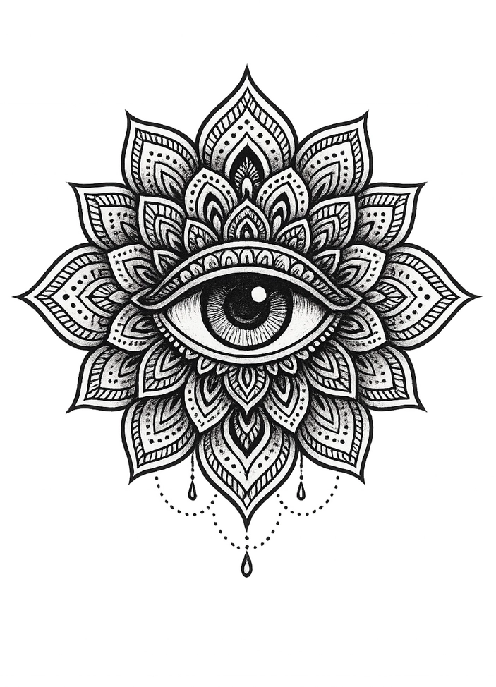 Tattoovorlage Mandala mit Auge und floralen Mustern