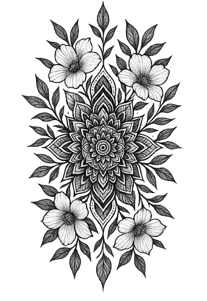 Tattoovorlage Mandala mit floralen Elementen für Frauen