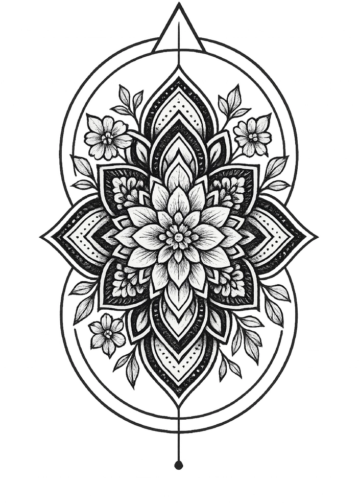 Tattoovorlage Mandala mit floralen Elementen und geometrischen Formen