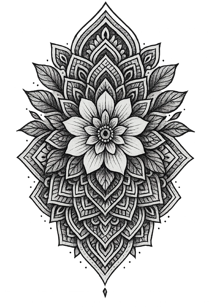 Tattoovorlage Mandala mit floralen Elementen für den Rücken