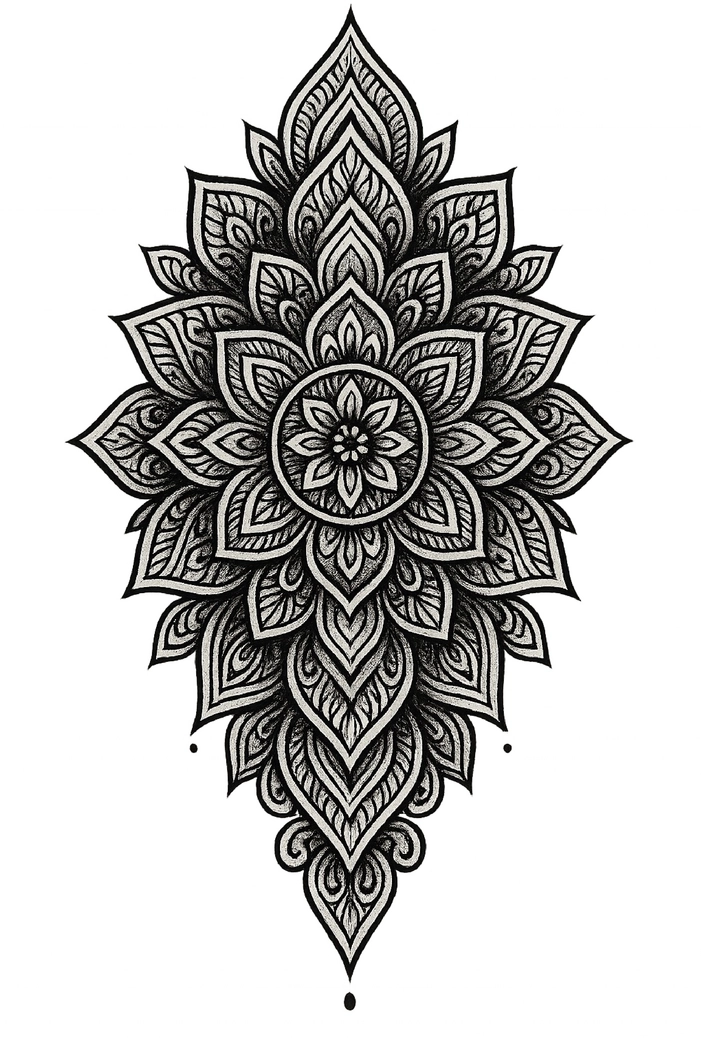 Tattoovorlage Mandala mit komplexen Mustern und symmetrischen Formen