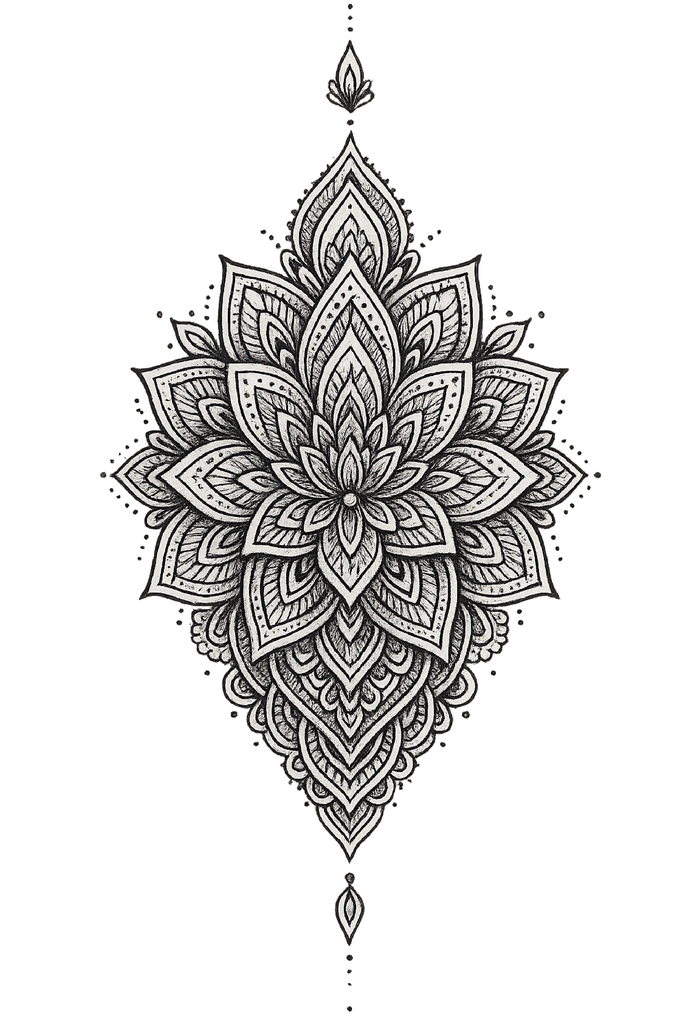 Tattoovorlage Mandala mit Lotusblüte und spirituellen Elementen