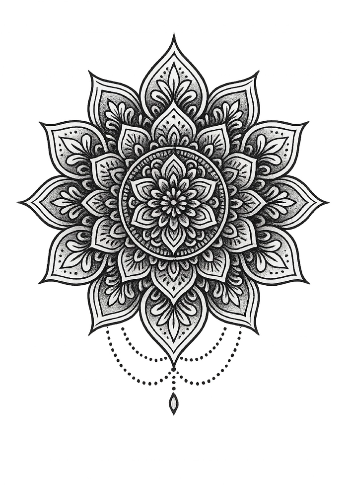 Tattoovorlage Mandala mit symmetrischen Mustern für Rippen und Hüfte