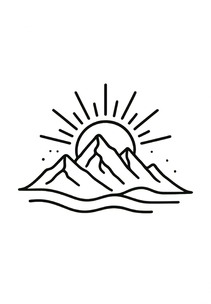 Tattoovorlage minimalistisches Bergpanorama mit Sonnenaufgang