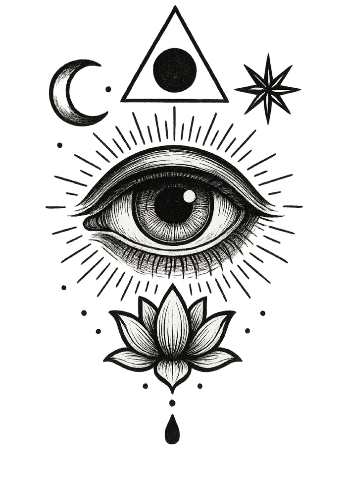 Tattoovorlage mit symbolischen Augen und mystischen Formen