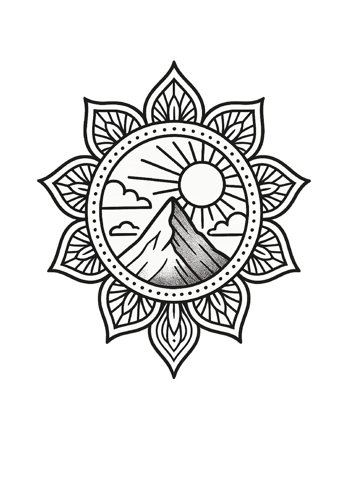Tattoovorlage mit Berg und Sonne im Mandala-Stil