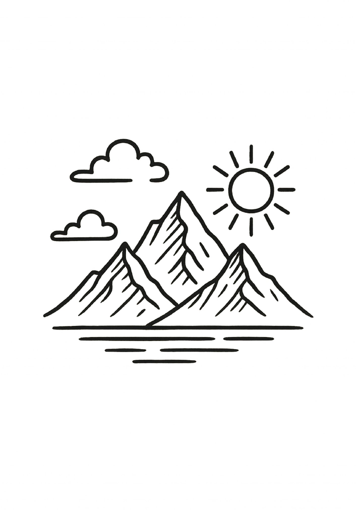 Tattoovorlage mit Bergen, Sonne und Wolken