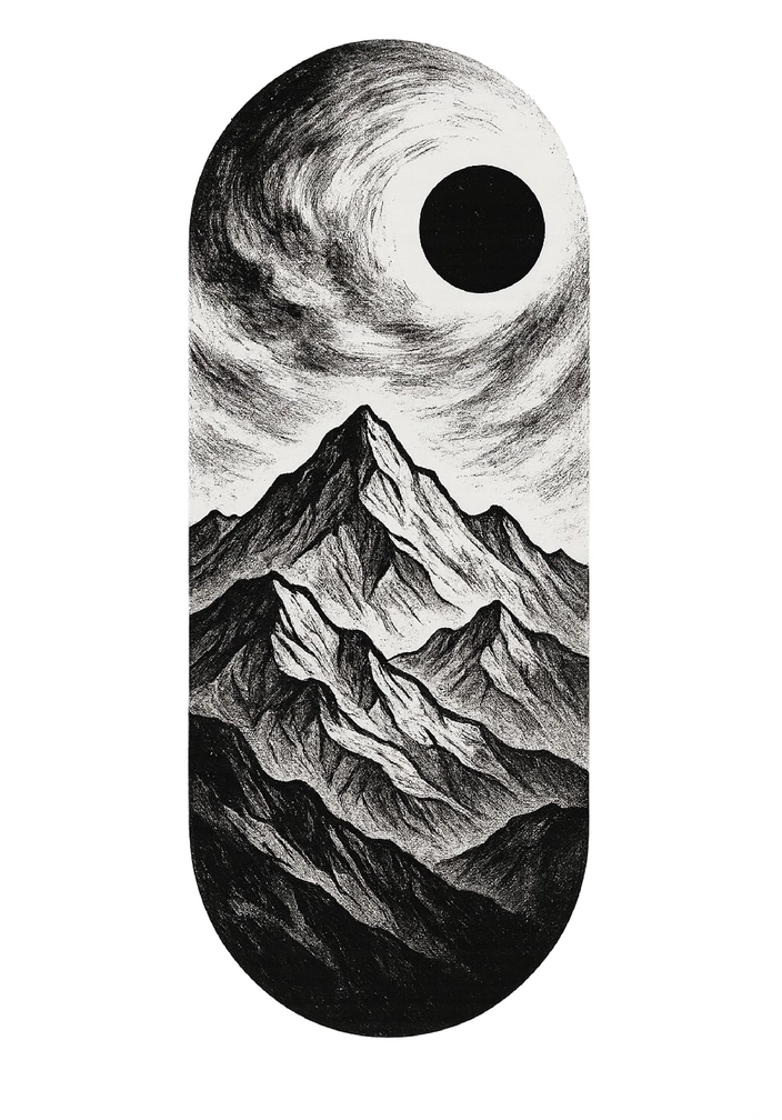 Tattoovorlage mit Bergen und Himmel in Schwarz-Weiß
