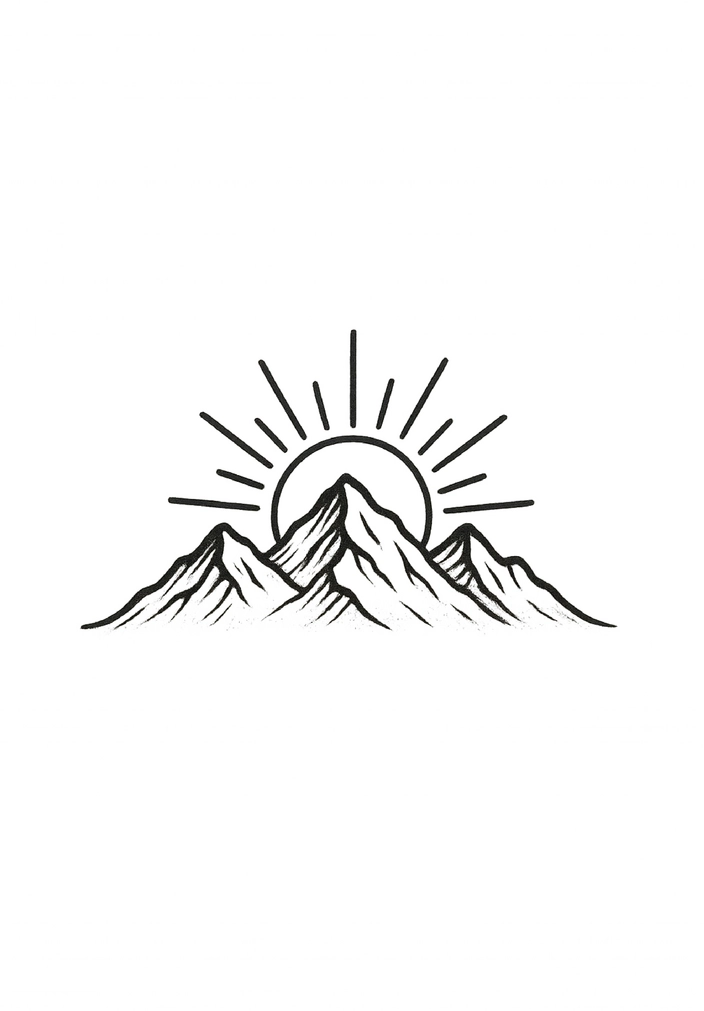 Tattoovorlage mit Berglandschaft und Sonnenaufgang