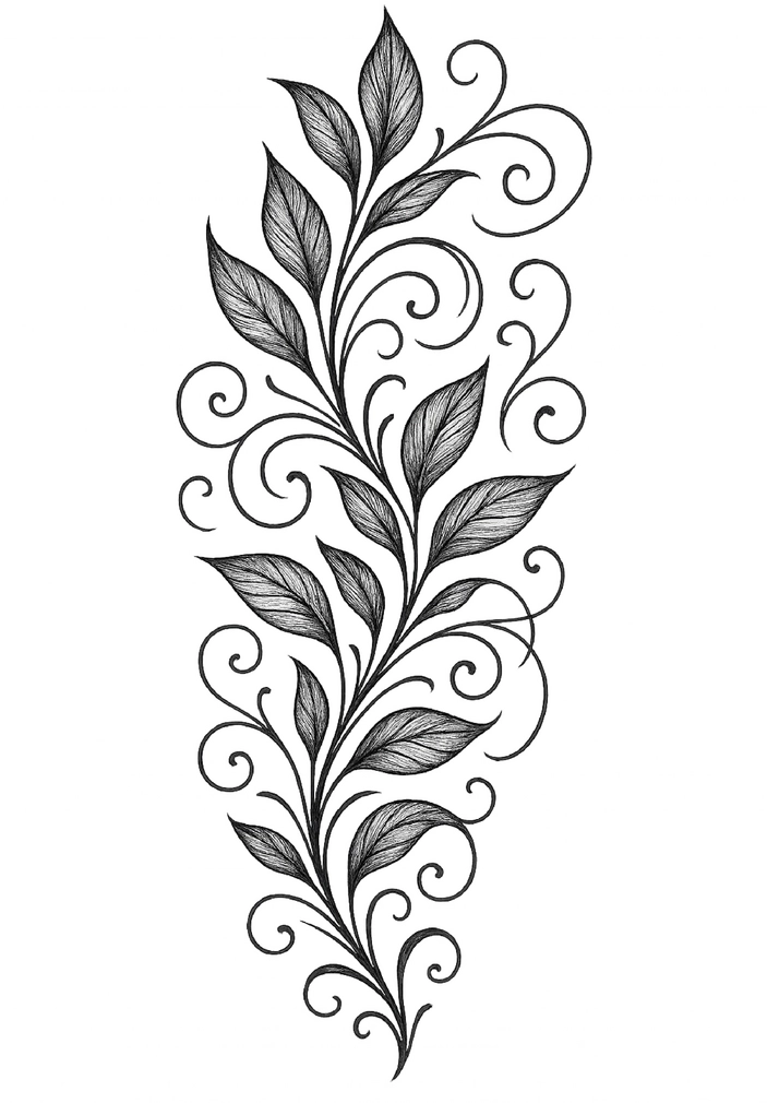 Tattoovorlage mit Blättern und stilisierten Ranken für Oberschenkel