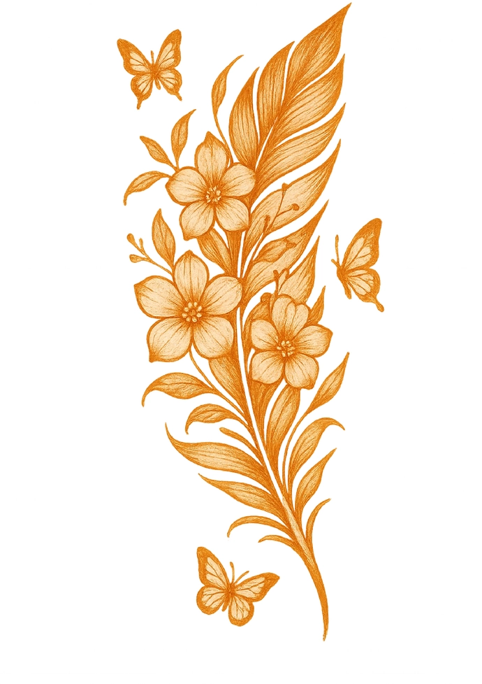 Tattoovorlage mit Blumen und Schmetterlingen in Orange