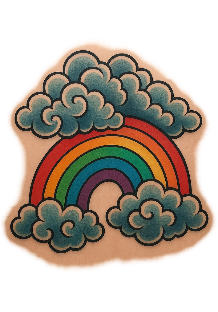 Tattoovorlage mit buntem Regenbogen und stilisierten Wolken