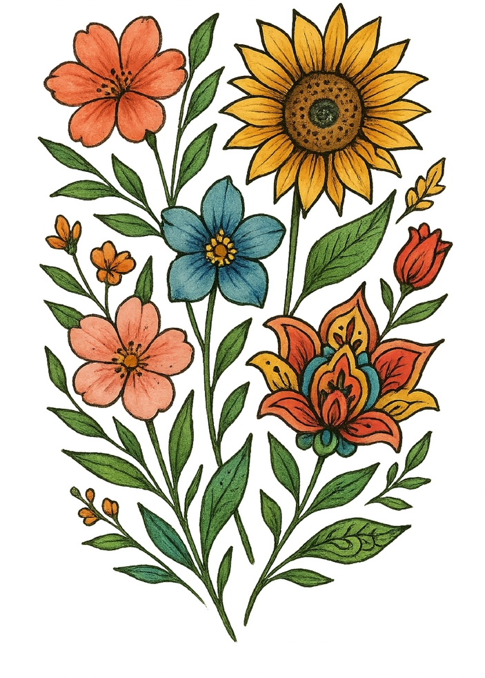 Tattoovorlage mit bunten Blumen und Pflanzenmuster