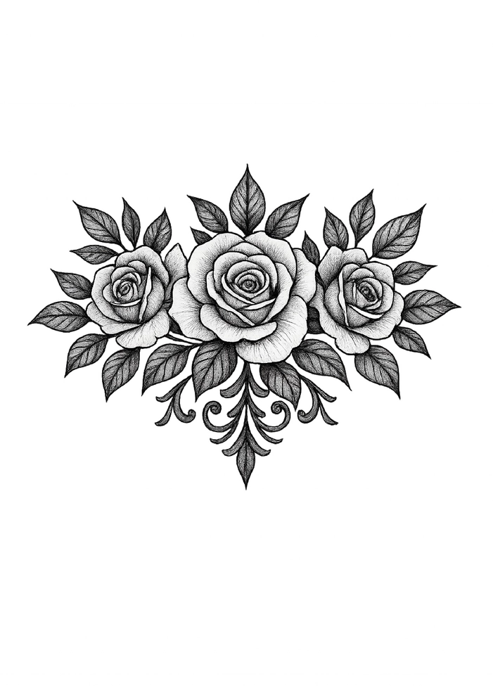 Tattoovorlage mit drei Rosen und Blättern