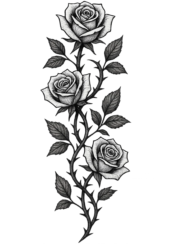 Tattoovorlage mit drei Rosen und Stängel für Frauen