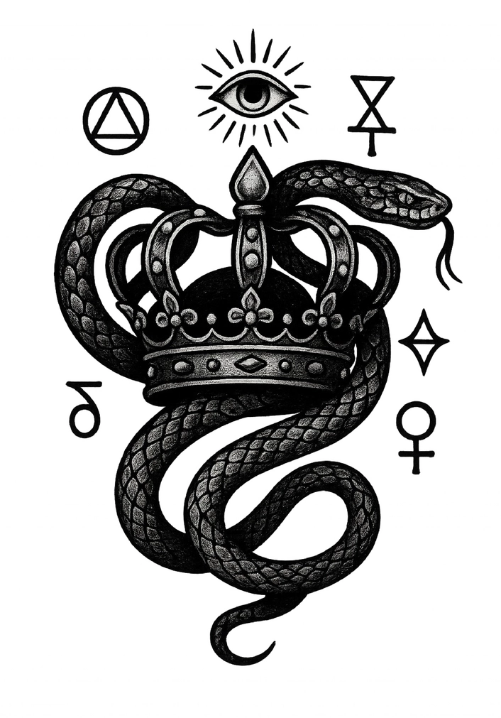Tattoovorlage mit Krone und Schlange im Schwarz-Weiß-Stil