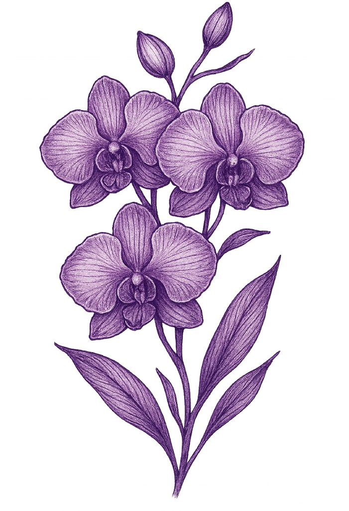 Tattoovorlage mit eleganten lila Orchideen für Oberarm
